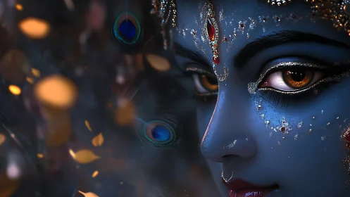 Blue-toned embellished face with jeweled adornments in focus.