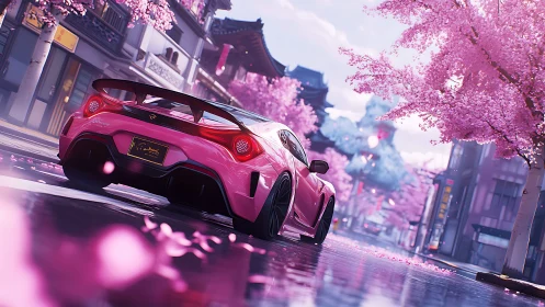 Pink sports car glides through neon cherry blossom street.
