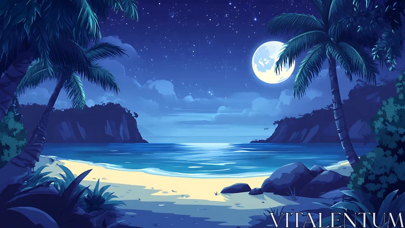 Moonlit Tropical Beach with Palm Trees and Stars