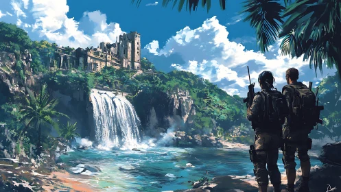 Armed explorers survey ruined cliff fortress by waterfall.