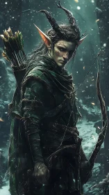 Forest elf archer stands ready amid swirling winter magic