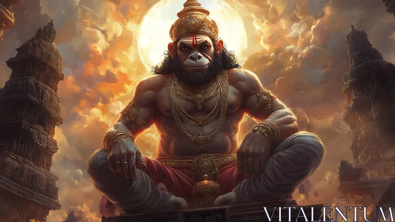 Radiant monkey deity resting beneath a molten sunset sky.