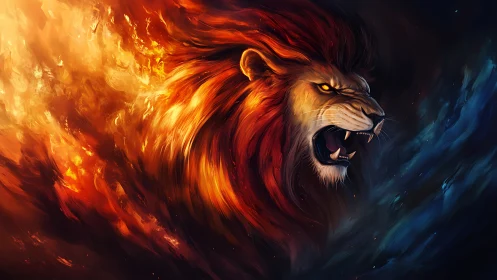 Roaring elemental lion merges fire and darkness in motion.