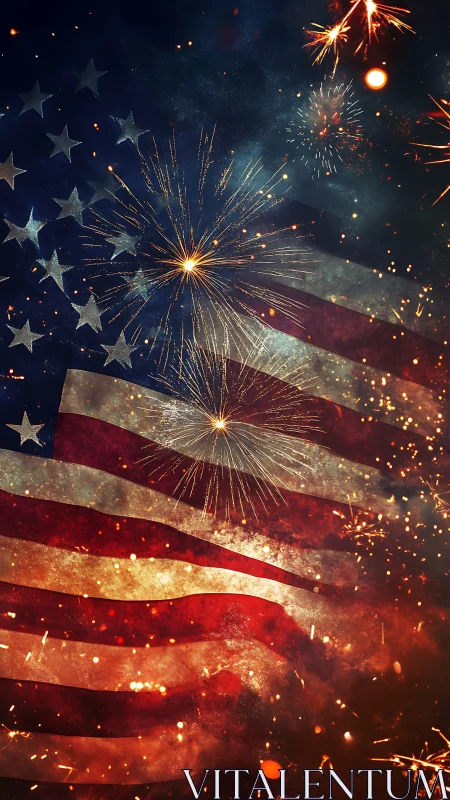 American flag layered with bright fireworks celebration scene.