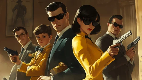 Stylish suited agents with guns in cinematic lineup.