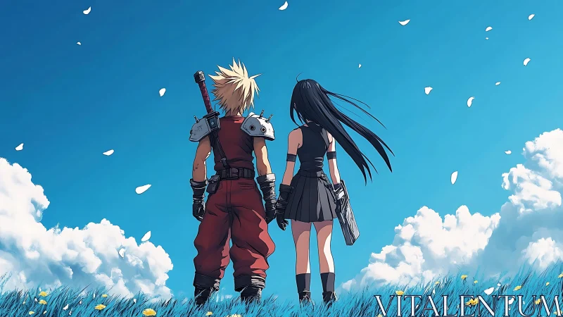 Skybound comrades gaze into a wind-scattered petal horizon.