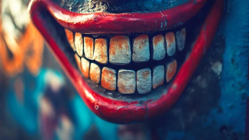 Close-up of worn painted grin on urban graffiti wall.