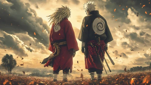 Two anime warriors standing in windy autumn field.