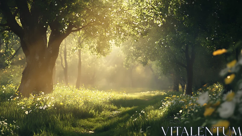 Morning sunbeams wander softly through a wildflower grove
