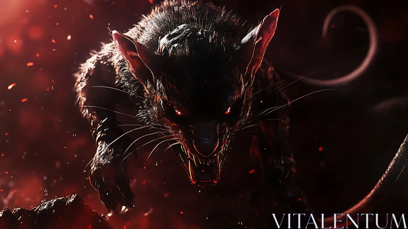 Demonic rat lunges through embers in fiery darkness.