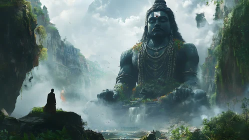 Colossal seated deity statue in misted jungle canyon.
