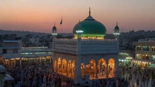 Twilight lanterns crown the green-domed shrine above soft crowds