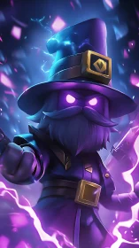 Arcane wizard channels glowing purple lightning energy.