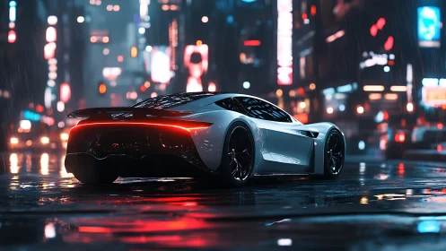 Futuristic white hypercar in neon soaked midnight cityscape.