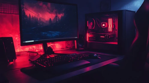 RGB-lit gaming desktop and ultrawide monitor in dark room