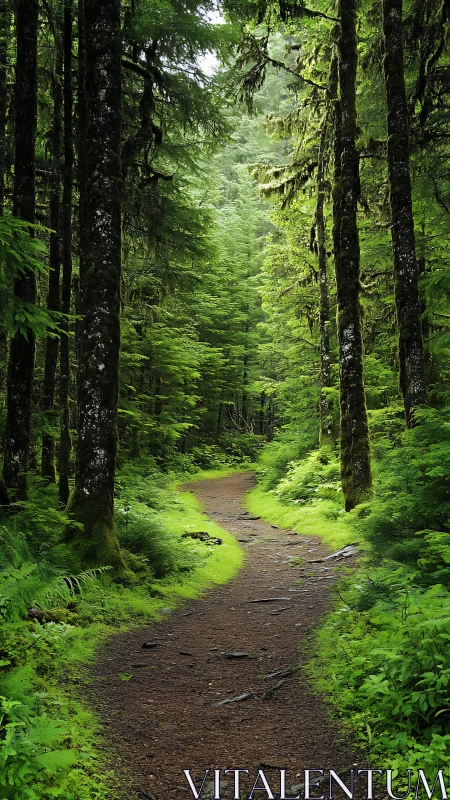 Forest Path Through Towering Conifers with Verdant Understory.