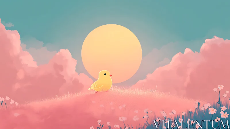 Small yellow bird on pink hill under large pastel sun.