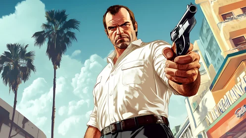 Male figure with handgun in stylized urban streetscape scene.