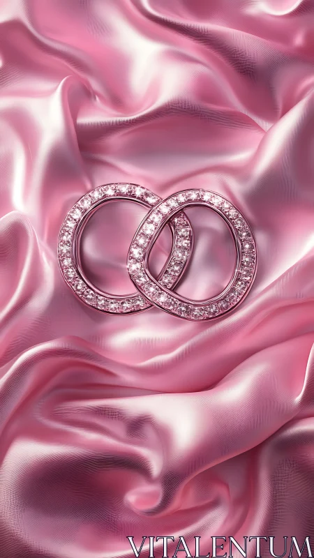 Pink diamond rings on glossy satin fabric background.