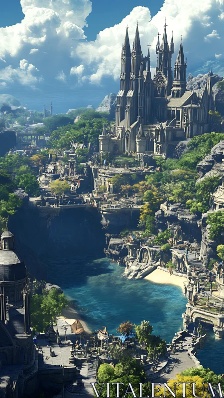 Gothic lakeside citadel with terraced fantasy harbor city