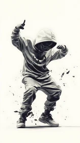 Hooded street dancer frozen mid-beat in monochrome motion storm.