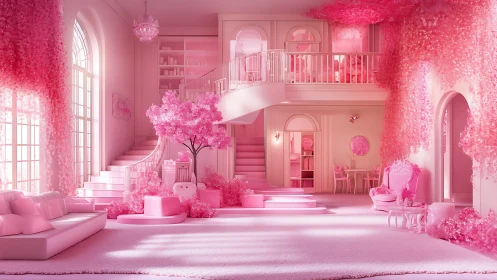 Monochromatic pink interior with balcony and staircases.