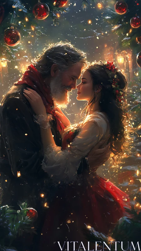 Romantic Christmas embrace in luminous digital painting style.
