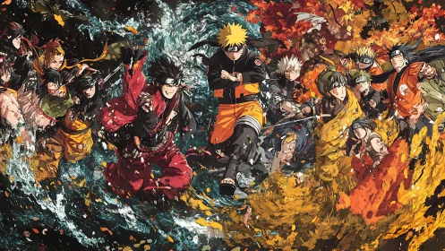 Dynamic ninja charge through swirling elemental chaos.