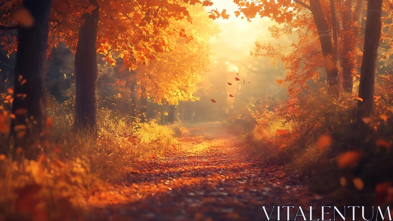 Sunlit autumn forest path rendered in warm atmospheric light