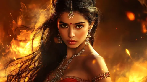 Fire-crowned goddess gazes through embers and molten dusk.