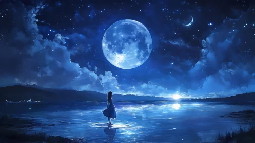 Nocturnal shoreline scene renders oversized moon with reflective lake