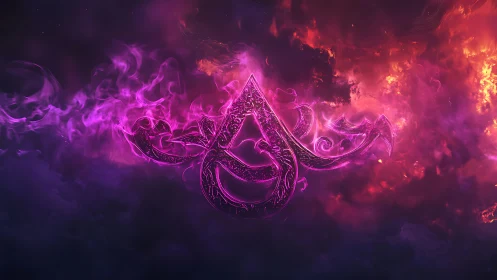 Glowing violet emblem rises through swirling cosmic fire