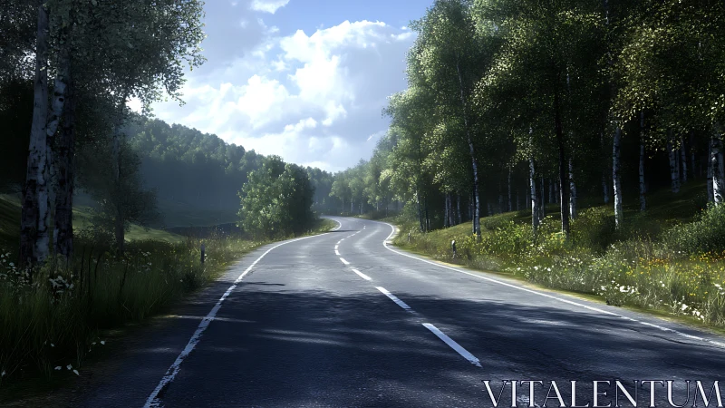 Sunlit forest road curling toward a quietly bright horizon.