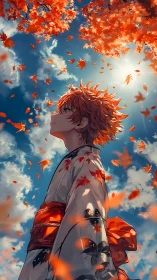 Crimson leaves whirl as a kimonoed dreamer greets the sky