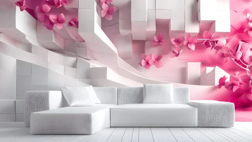 Modern white sofa with 3D geometric wall and pink floral art.