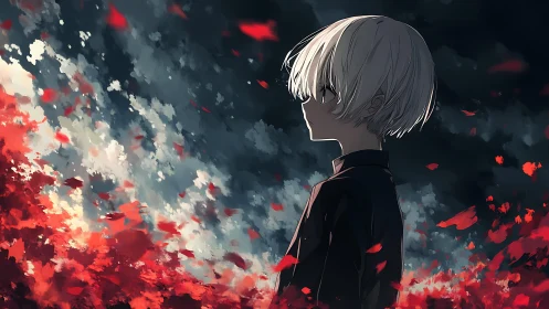 Side-lit youth amid red particulate storm under turbulent sky.