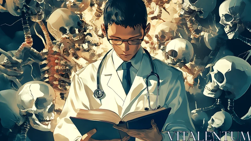 Doctor reads anatomical text while surrounded by skulls