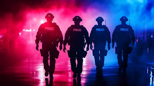 Backlit tactical police line advances through dense colored smoke