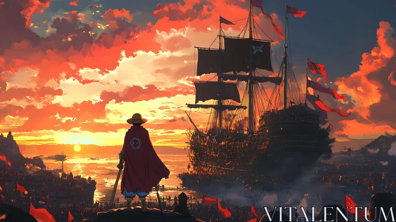 Cloaked pirate observes fleet at vivid red sunset.
