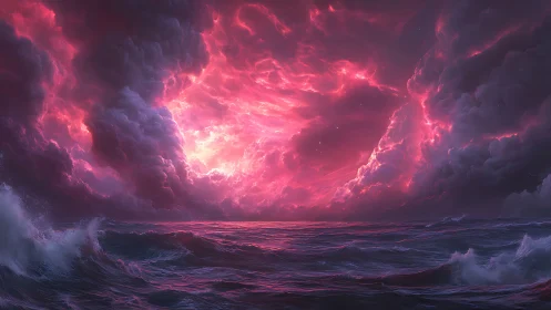 Crimson stormfront over turbulent digital seascape horizon.