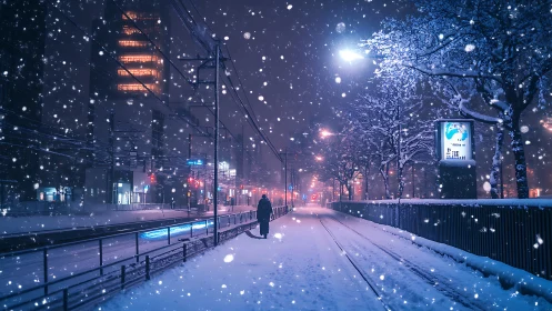Quiet city snowfall along neon tracks at winter midnight.