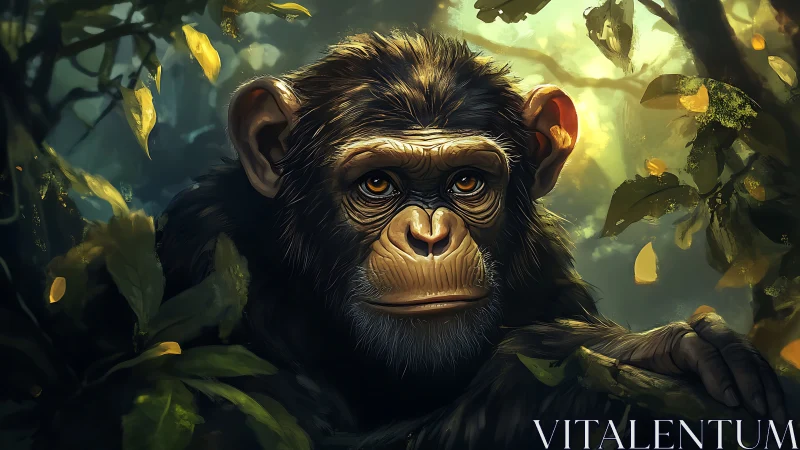 Gentle-eyed jungle chimp resting in glowing green light.