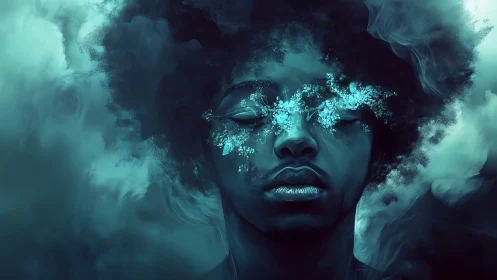 Surreal cyan portrait merges human visage with vaporous cosmos