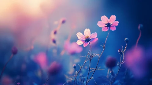 Pink Cosmos Flowers Against Deep Blue Sky.