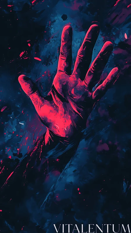 Neon hand reaches upward through abstract cosmic darkness