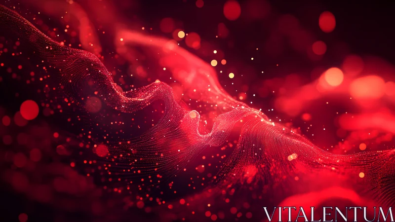 Abstract red wave of particles with glowing light, digital art style.