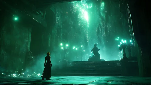 Emerald-lit warrior silhouette in cavernous cathedral chamber.