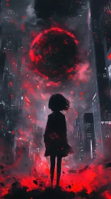 Solitary dreamer beneath a burning crimson eclipse sky.