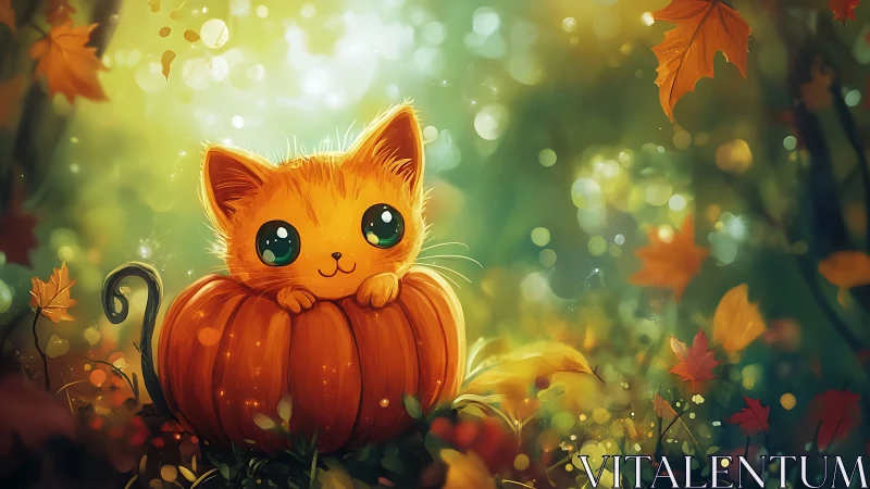 Enchanted Orange Kitten Nestled in Pumpkin Among Autumn Foliage
