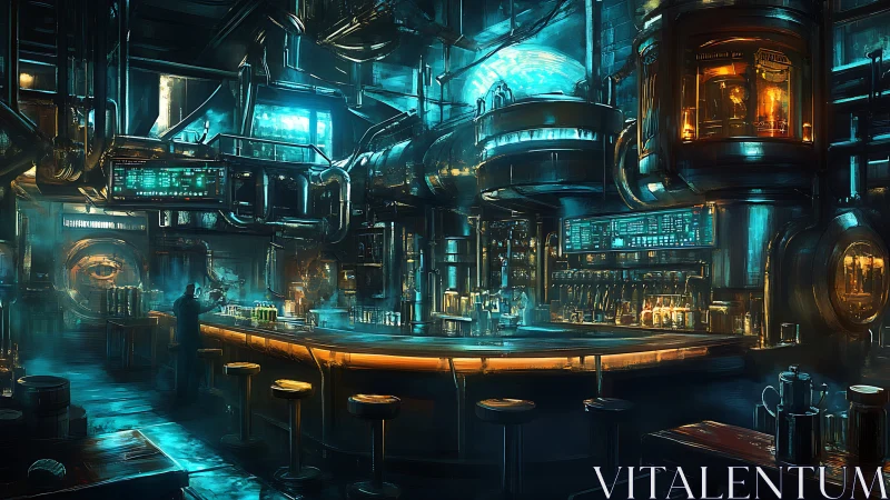 Cozy cyberpunk bar glowing with neon pipes and warm light.
